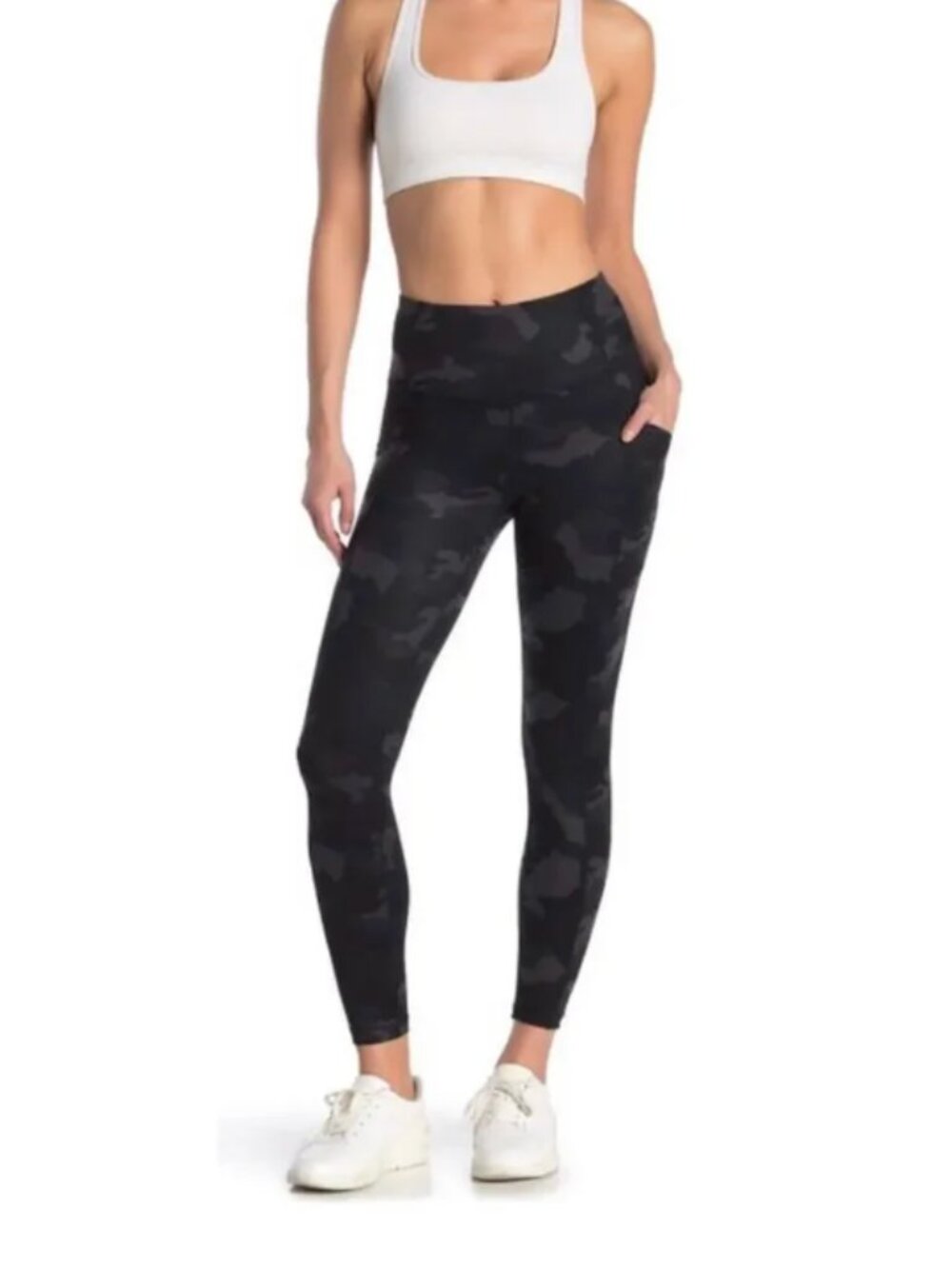 90 Degree by Reflex Camo Print High Rise Ankle Legging Yoga Gray Black Large
